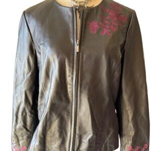 Jaclyn Smith Black Leather Jacket with Pink Floral Detail 💔FLAWS